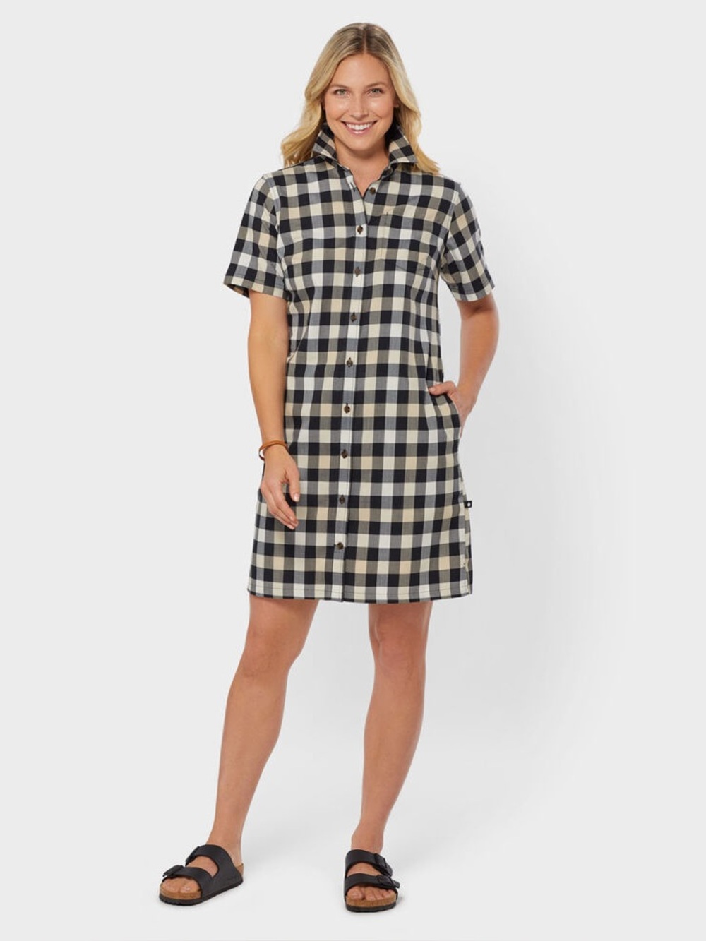 Alaskan Hardgear - Black Cream Plaid Short Sleeve Shirt Dress Pockets Med - NWT